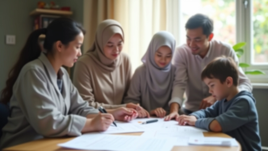 Family budget planning meeting at dining table with budget worksheet and planning materials