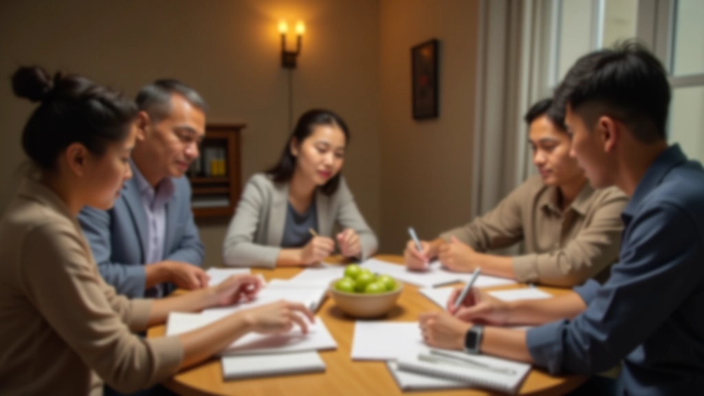 Family of four sitting at dining table with notebooks and papers, discussing household finances