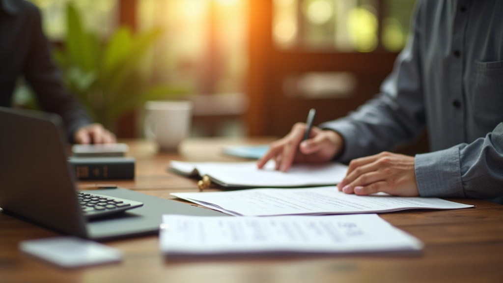 Islamic financial planning documents and calculator on wooden desk with prayer mat