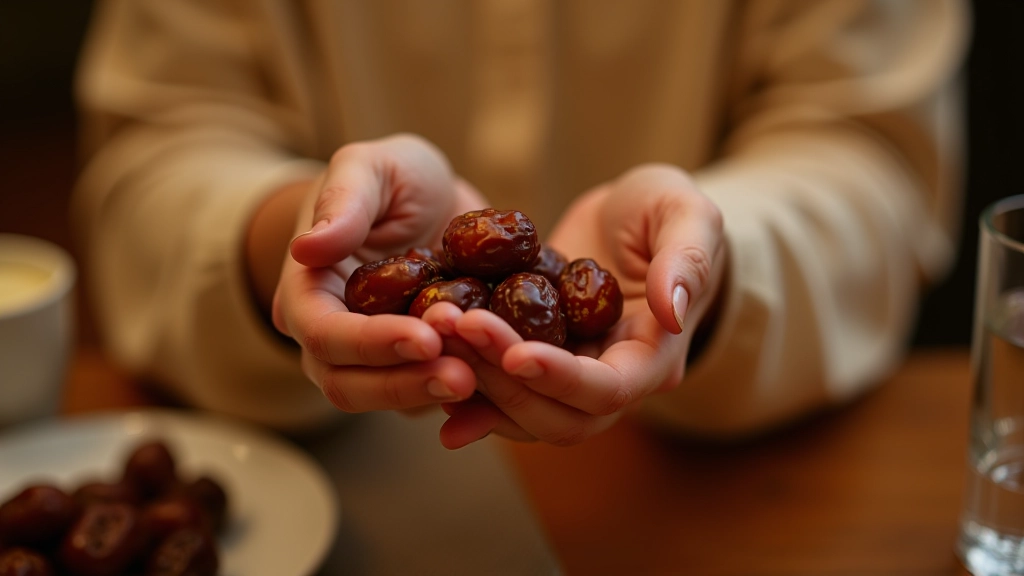 Close-up of hands holding dates and water, traditional Ramadan iftar scene with warm lighting