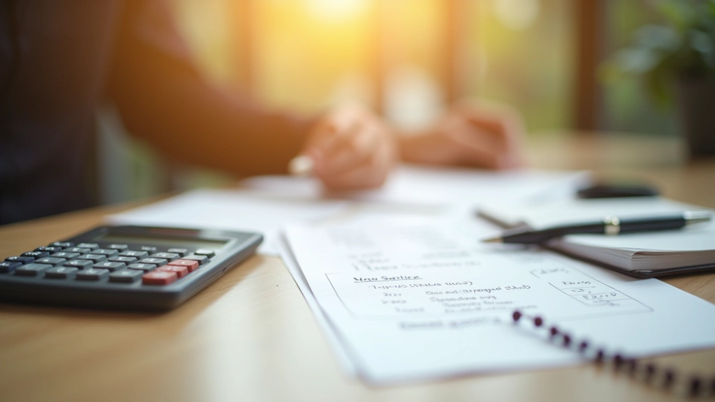 Islamic financial planning documents with calculator and notebook on wooden desk