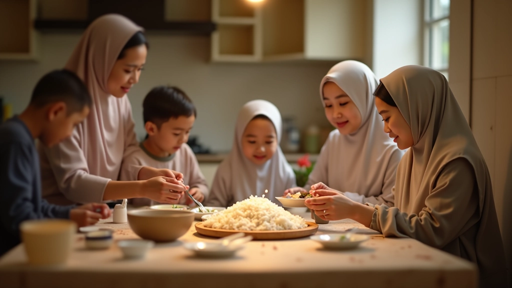 Malaysian family preparing for Eid, with zakat fitrah items and household items on table