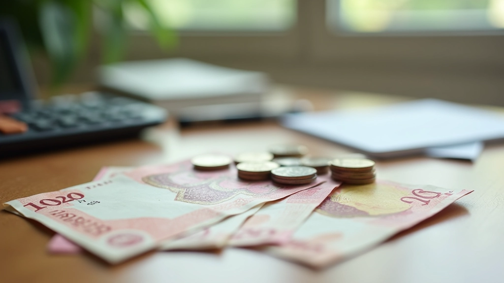 Malaysian ringgit notes and coins arranged on a table with a calculator and budget notebook