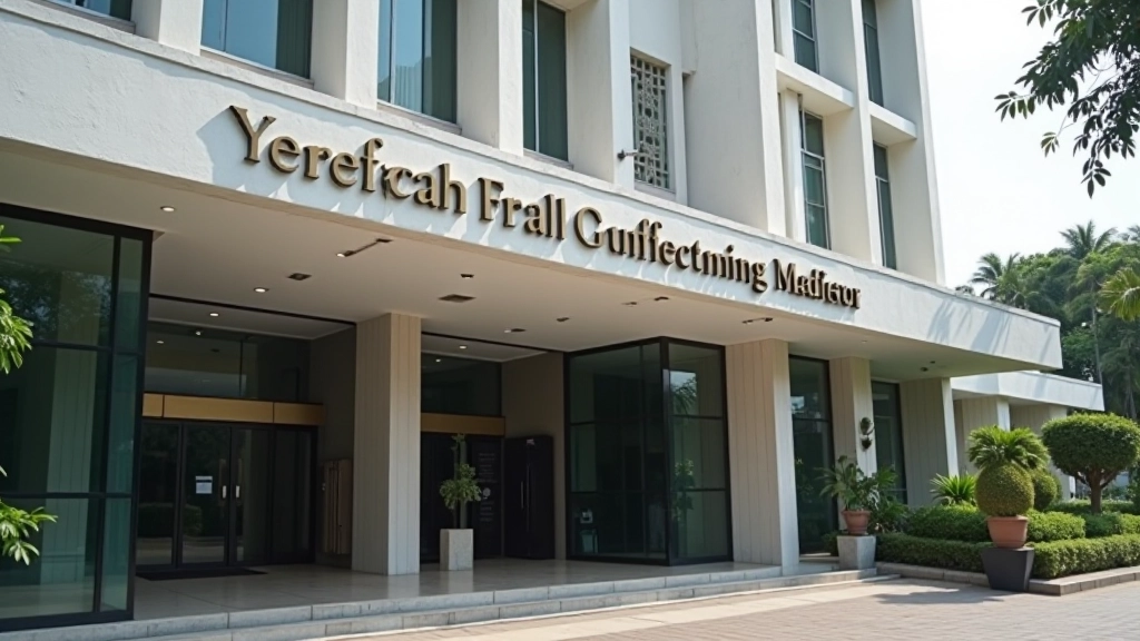 Modern government building entrance with Islamic architectural elements and clear signage for zakat collection services in downtown Malaysian city