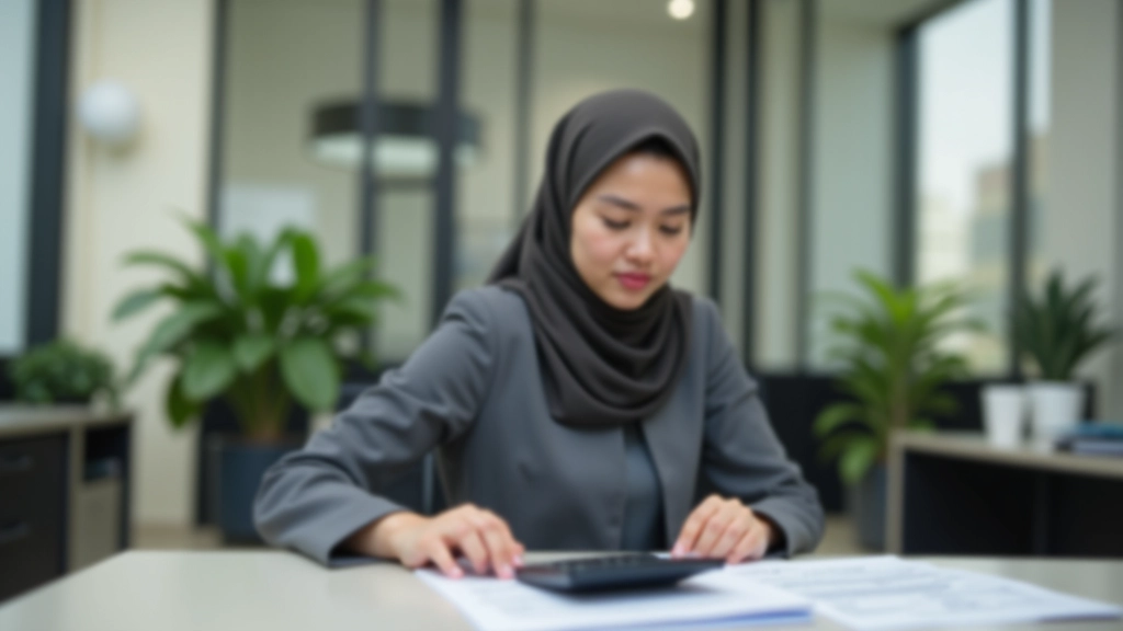 Person reviewing Islamic financial planning documents with calculator and notebook