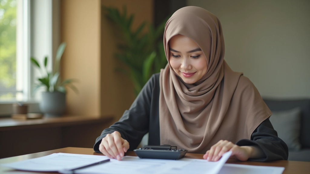 Woman reviewing financial statements and zakat calculation documents at home