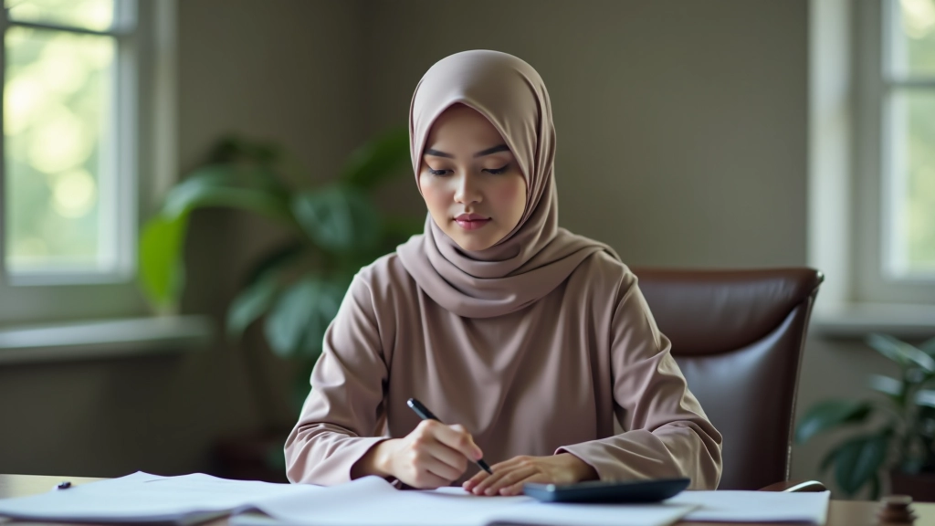 Malaysian household financial planning documents and zakat calculation worksheet on a home office desk